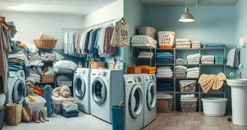 antes e depois lavanderia organizada