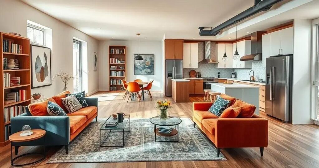 decoração de sala integrada com cozinha pequena
