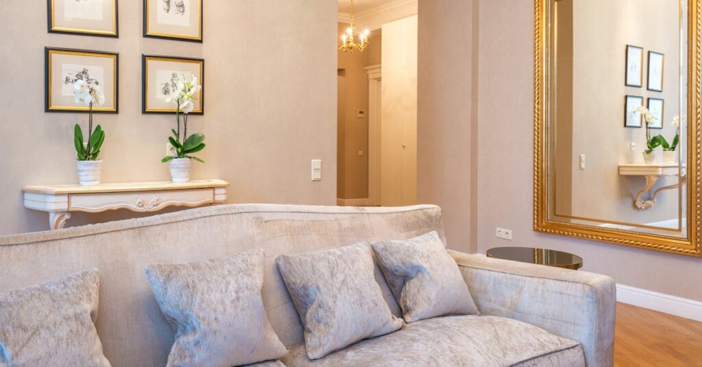 Como cuidar de orquídea em apartamento: guia para iniciantes Espaço interno de sala de estar com sofá claro, espelho dourado e quadros nas paredes.