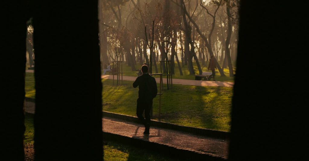Como montar um roteiro de descanso em São Paulo sem sair da cidade Homem caminhando em um parque ao amanhecer, cercado por árvores